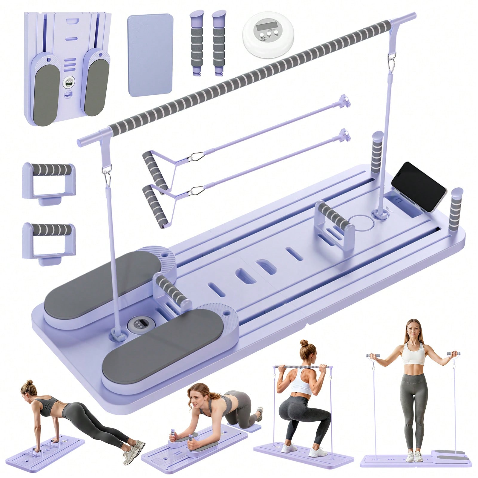 Pilates & Yoga Vida - バー付きピラティスリフォーマー、スマホホルダー付きピラティスボード、多目的折りたたみ式ピラティスリフォーマーマシン、コア＆腹部トレーニング用ピラティススカルプティングマシン、自宅トレーニング用ポータブルホームピラティススライダーボード、フィットネス、エクササイズ、腹筋トレーニング用