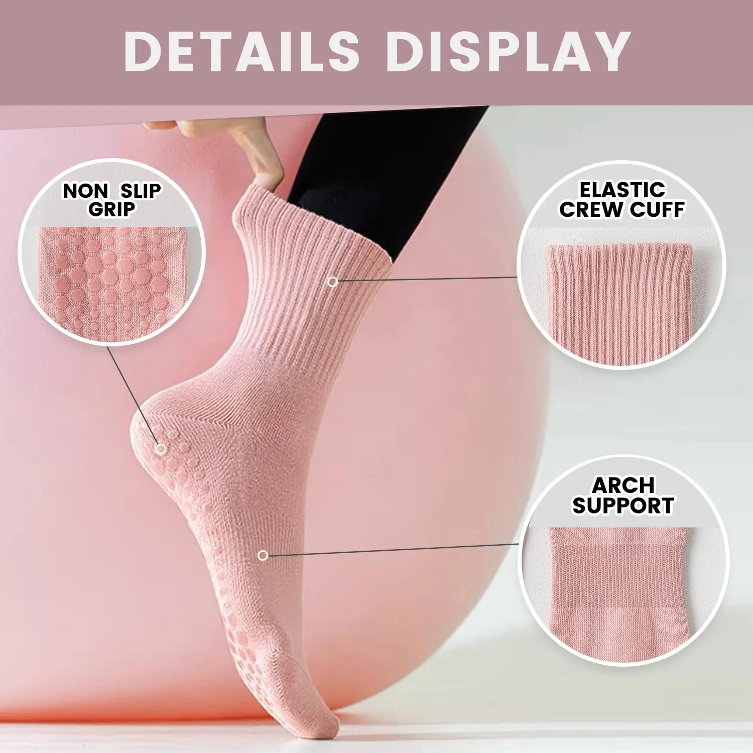 女性用ヨガソックス4足、ソリッドカラーのミッドソール滑り止め - Pilates & Yoga Vida のレビューと価格